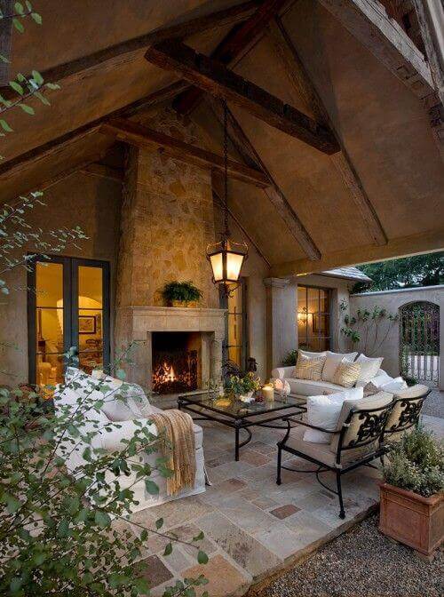 Covered deck with fireplace